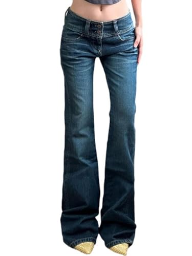 ticticlily Jeans Damen High Waist Bootcut Stretch Gewaschene Schlaghose Jeanshose Ausgestellte Y2K Vintage 90s Denim Hosen Freizeithose B7 Dunkelblau M von ticticlily