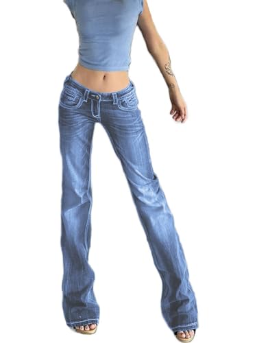 ticticlily Jeans Damen High Waist Bootcut Stretch Gewaschene Schlaghose Jeanshose Ausgestellte Y2K Vintage 90s Denim Hosen Freizeithose B8 Blau XL von ticticlily