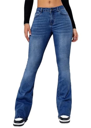 ticticlily Jeans Damen High Waist Bootcut Stretch Gewaschene Schlaghose Jeanshose Ausgestellte Y2K Vintage 90s Denim Hosen Freizeithose C Dunkelblau XL von ticticlily