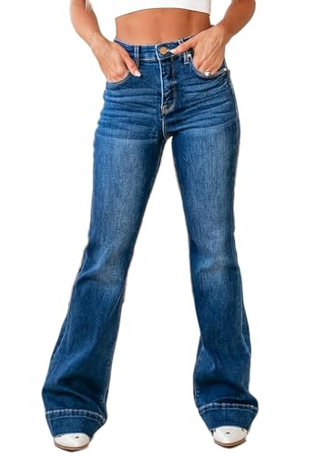 ticticlily Jeans Damen High Waist Bootcut Stretch Gewaschene Schlaghose Jeanshose Ausgestellte Y2K Vintage 90s Denim Hosen Freizeithose D Dunkelblau M von ticticlily