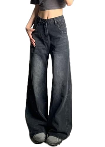 ticticlily Jeans Damen High Waist Y2K Gewaschene Denim Hose Straight Leg Damenhose Freizeithose Hiphop Koreanische Gerade 90er E-Girl Boyfriend Streetwear B3 Schwarz L von ticticlily