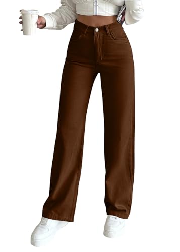 ticticlily Jeans Damen Hohe Taille y2k Slim Fit Stretch Gewaschene Jeanshose Schlank Push Up Denim Hosen Schlaghose Freizeithose A Braun L von ticticlily