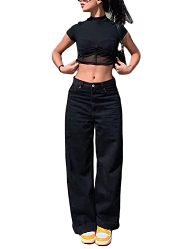 ticticlily Jeans Damen Hose Hohe Taille y2k Straight Stretch Gewaschene Jeanshose Push Up Vintage Boyfriend Denim Löcher Zerissene Ausgestellte Schlaghose für Damen C1 Schwarz XL von ticticlily