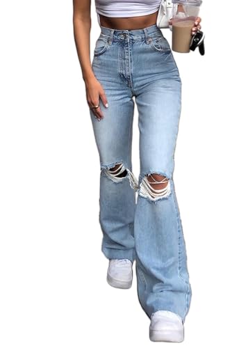 ticticlily Jeans Damen Schlafhose Jeanshosen Hohe Taille Vintage y2k Stretch Bootcut Flare Denim Hose Schlank Bauchweg Freizeithose High Waist Ripped Pants A Blau XL von ticticlily