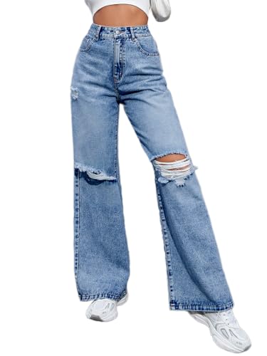 ticticlily Jeans Damen Straight Leg Zerrissen Destroyed Stretch Denim Hose Hoher Taille Weitem Jeanshosen A Blau M von ticticlily