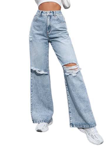 ticticlily Jeans Damen Straight Leg Zerrissen Destroyed Stretch Denim Hose Hoher Taille Weitem Jeanshosen A Hellblau S von ticticlily