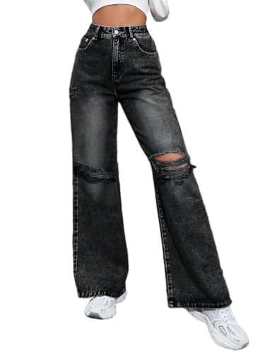ticticlily Jeans Damen Straight Leg Zerrissen Destroyed Stretch Denim Hose Hoher Taille Weitem Jeanshosen A Schwarz L von ticticlily