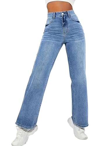 ticticlily Jeans Damen Stretch Gerade Bein High Waist Casual Schlanke Gewaschene Lässige Denim Hose Jeanshose Freizeithose Straight Leg Pants Streetwear A Hellblau M von ticticlily