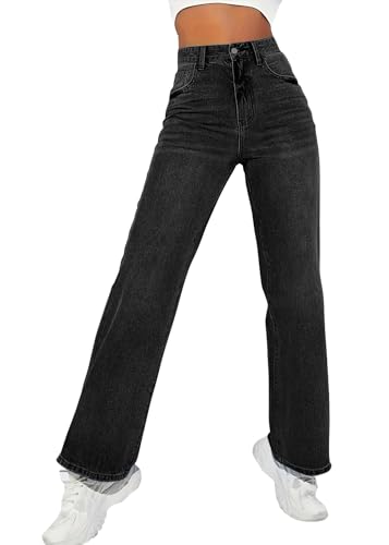 ticticlily Jeans Damen Stretch Gerade Bein High Waist Casual Schlanke Gewaschene Lässige Denim Hose Jeanshose Freizeithose Straight Leg Pants Streetwear A Schwarz XS von ticticlily