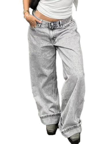 ticticlily Jeans Damen Weite Bein Gewaschene Denim Hosen Gerade Lose Straight Leg 90s E-Girl Y2K Casual Jeanshose Freizeithose Streetwear V Grau M von ticticlily