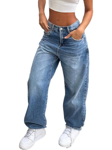 ticticlily Jeans Damen Y2K Gewaschene Hoher Taille Weite Gerades Bein Harajuku Retro Style 90s E-Girl Stretch Hose Casual Baggy Vintage Flare Denim Freizeit Loose Hosen A12 Blau S von ticticlily