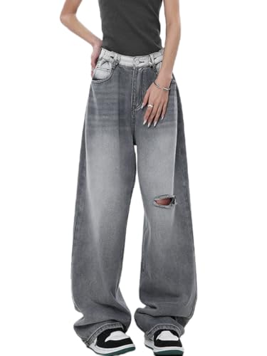 ticticlily Jeans Damen Y2K Style Weite Bein Gewaschene Denim Hosen Gerade Lose Straight Leg 90s E-Girl Casual Jeanshose Freizeithose Streetwear T17 Hellgrau M von ticticlily