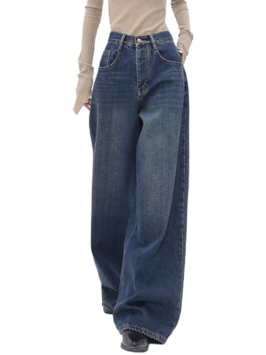 ticticlily Jeans Damen Y2K Style Weite Bein Gewaschene Denim Hosen Gerade Lose Straight Leg 90s E-Girl Casual Jeanshose Freizeithose Streetwear T5 Blau M von ticticlily