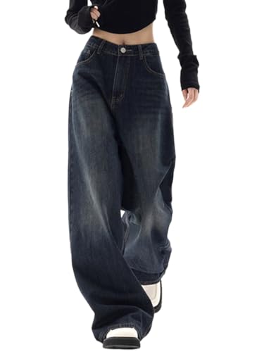 ticticlily Jeans Damen Y2K Style Weite Bein Gewaschene Denim Hosen Gerade Lose Straight Leg 90s E-Girl Casual Jeanshose Freizeithose Streetwear T7 Dunkelblau M von ticticlily