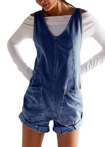ticticlily Jeans Latzhose Damen Kurz Sommer Overall Ärmellos Träger Jumpsuit mit Taschen Jeanslatzhose Denim Shorts Lässige Casual Locker Romper Playsuit Shortalls A Dunkelblau XL von ticticlily