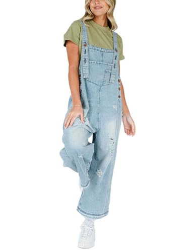 ticticlily Jeans Latzhose Damen Sommer Jumpsuit Baggy Löcher Risse Overall mit Träger Jeanslatzhose mit Taschen Lässige Casual Locker Wide Leg Denim Romper A Hellblau M von ticticlily