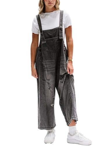 ticticlily Jeans Latzhose Damen Sommer Jumpsuit Baggy Löcher Risse Overall mit Träger Jeanslatzhose mit Taschen Lässige Casual Locker Wide Leg Denim Romper A Schwarz L von ticticlily