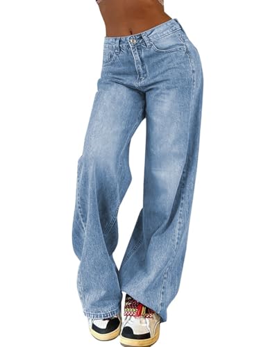 ticticlily Jeanshose Damen Straight Leg High Waist Gewaschene Y2K Baggy Jeans Gerades Weites Bein Casual Vintage Hosen Denim Pants A1 Blau M von ticticlily