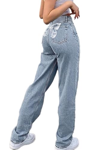 ticticlily Jeanshosen Damen Boyfriend Jeans Loose Stretch Denim Hose Straight Leg Damenhose Freizeithose E-Girl Streetwear Y2K 90er Hip Hop Gerade Outdoorhose D Hellblau S von ticticlily