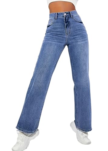 ticticlily Jeanshosen Damen Stretch Jeans Hohe Taille Gewaschene Baggy Hosen Schlank Straight Fit Lässig Freizeithose Denim Pants A Blau M von ticticlily