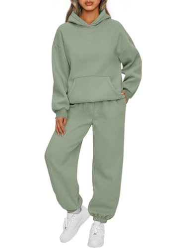 ticticlily Jogging Sport Anzug Damen 2 teiler Set Trainingsanzug Hoodie mit Taschen und Jogginghose Gerades Bein Sporthose Freizeitanzug Fitnessanzug Hausanzug für Damen A Grün XXL von ticticlily