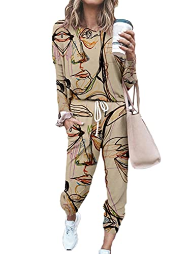 ticticlily Jogginganzug Damen Modern Große Größen Langarm-Hosenanzug 2-teiliges Set Freizeitanzug Trainingsanzug Loose Oberteil Blusen und Jogging Hosen Set für Damen Khaki XXL von ticticlily