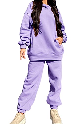 ticticlily Jogginganzug Damen Set Trainingsanzug Freizeitbekleidung 2PCS Hoodies Jogginghosen Sportanzug 2 Teiliges Sportbekleidung Einfarbig Activewear Tracksuit Outfit B Violett XL von ticticlily