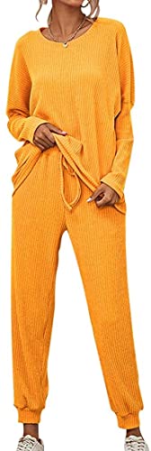 ticticlily Jogginganzug Damen Strick Langarmshirt und Jogginghosen 2 Stück Set Freizeitanzug Grobstrick Trainingsanzug Pullover Herbst Winter Activewear Sportanzüge für Damen B Gelb XL von ticticlily