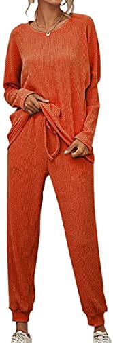 ticticlily Jogginganzug Damen Strick Langarmshirt und Jogginghosen 2 Stück Set Freizeitanzug Grobstrick Trainingsanzug Pullover Herbst Winter Activewear Sportanzüge für Damen B Orange M von ticticlily