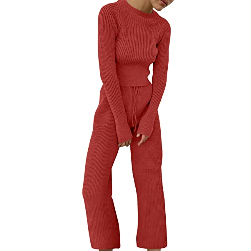 ticticlily Jogginganzug Damen Strick Pullover und Hose Freizeitanzug Gestrickt 2 Stück Trainingsanzug Set Hausanzug Casual Schlafanzug Langarmshirt und Hosen Sportanzüge für Damen Rot S von ticticlily