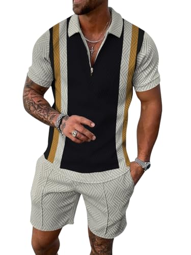 ticticlily Jogginganzug Herren Sommer Sportanzug 2 Teiliges Outfit Sport Set Kurzarm T-Shirts + Kurze Hose Sets Freizeitanzug Männer Business Polo Hemd mit Revers Sporthose F1 Gelb 4XL von ticticlily