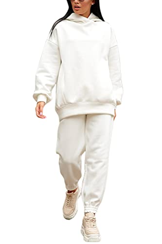 ticticlily Jogginganzug Trainingsanzug Damen 2 Stücke Set Freizeitanzug Langarm Pullover mit Kapuze und Jogginghose Mode Locker Sportanzüge Hoodies für Damen B Weiß XXL von ticticlily