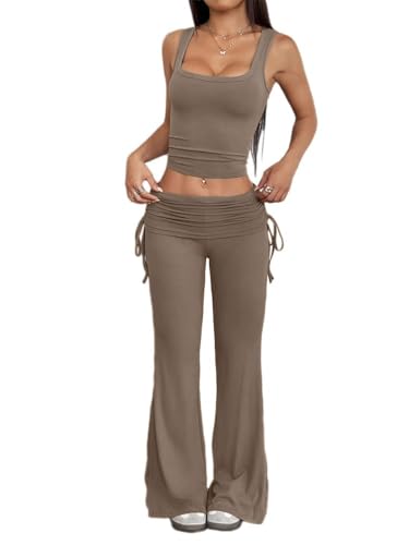 ticticlily Jogginganzug Zweiteiler Damen Sommer Hose und Top Ärmellos Freizeitanzug Yoga Fitness Hausanzug 2 teiler Pyjama Lounge Set Workout Sport Outfit Loungewear A Kaffee S von ticticlily