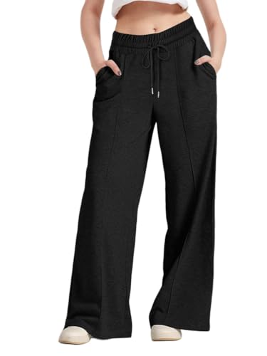ticticlily Jogginghose Damen Baggy Lang Sporthose Elastische Hohe Taille Hose mit Kordelzug Breite Trainingshose Sweathose Bequem Casual Lose Running Sport Joggpants Einfarbig A Schwarz S von ticticlily