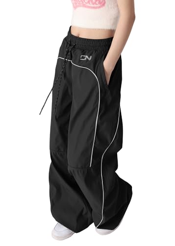 ticticlily Jogginghose Damen Casual Lange Lose Hosen Breites Bein Baggy Cargohosen Freizeithose Elastizität Lässige Wanderhose mit Taschen Low/High Waist Sweathosen C Schwarz S von ticticlily
