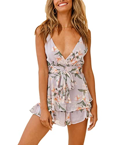 ticticlily Jumpsuit Damen Sexy Elegant Sommer Kurz Overalls Ärmellos Spagettiträger Schulterfreies mit Gürtel Einteiler Playsuit Casual Rompers Rückenfrei Rüschen Blumendrucken Violett M von ticticlily