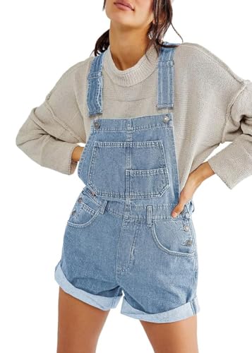 ticticlily Jumpsuit Damen Sommer Kurze Jeans Latzhose Elegant Casual Overall Ärmelloses High Waist Hosenanzug mit Taschen Denim Romper Jeanslatzhose Shorts A Hellblau S von ticticlily