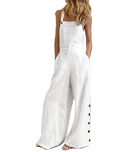 ticticlily Jumpsuit Damen Sommer Lang Elegant Einteiler Overalls Ärmellos Träger Lose Hosen Latzhosen Hosenanzug Einfarbig Blumendruck Sommerhose mit Taschen Onesies Playsuits A Weiß 3XL von ticticlily