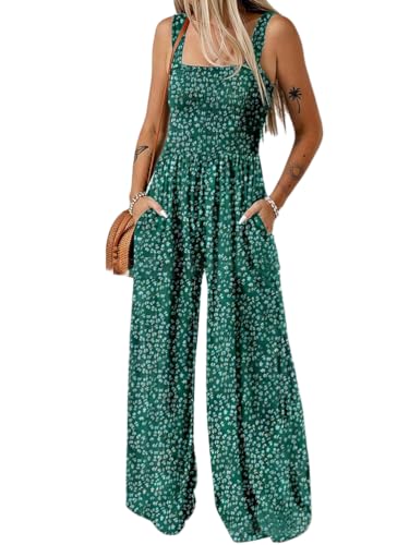 ticticlily Jumpsuit Damen Wide Leg High Waist Overall Casual Boho Blumenmuster Latzhose mit Taschen Romper Träger-Hosen A2 L von ticticlily