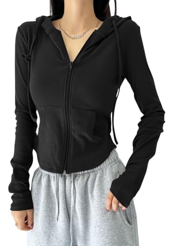ticticlily Kapuzenjacke Damen Langarm Eng Sweatjacke mit Taschen Cropped Top mit Zip Jacke Vintage Y2K Basic Kurze Langarmshirt Kapuzenpullover Streetwear A Schwarz S von ticticlily