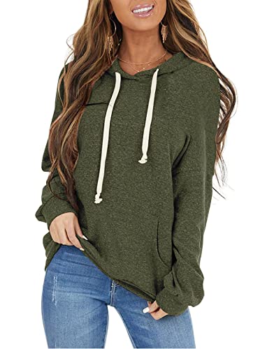 ticticlily Kapuzenpullover Damen Hoodie Lang Lose Winter Herbst Warm Pullover Langarm Sweatshirts mit Kapuze Kordelzug Langarmshirts mit Taschen Casual Oberteile Tops Armeegrün XXL von ticticlily