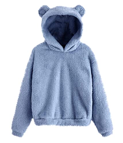 ticticlily Kapuzenpullover Damen Kapuzenjacke Pullover Sport Hoodies Plüsch Sweatshirt Langarmshirt Warme Wolle Pulli Elegant Plüsch Fleece Cute Kaninchen Ohr Pulli Plüsch Hasenmütze A Blau S von ticticlily