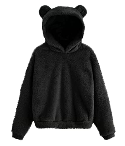 ticticlily Kapuzenpullover Damen Kapuzenjacke Pullover Sport Hoodies Plüsch Sweatshirt Langarmshirt Warme Wolle Pulli Elegant Plüsch Fleece Cute Kaninchen Ohr Pulli Plüsch Hasenmütze A Schwarz L von ticticlily
