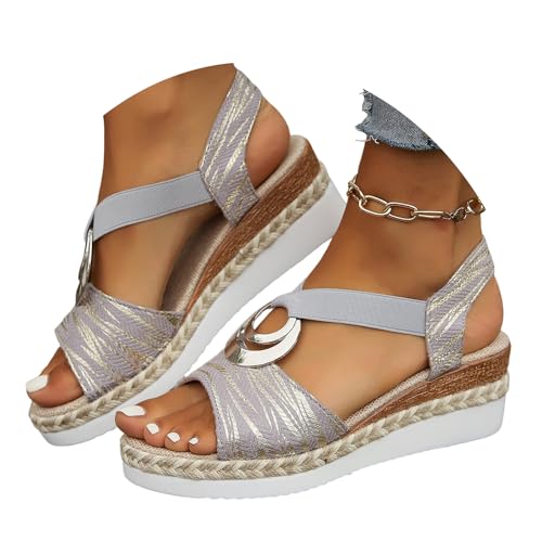 ticticlily Keilabsatz Schuhe Damen Elegant Bequeme Espadrilles Rutschfeste Elastisch Slingback Sandalen mit Riemchen Sommer A Grau 42 EU von ticticlily