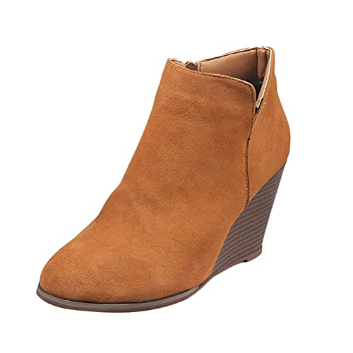 ticticlily Keilstiefeletten Damen Stiefeletten Keilabsatz Plateau Schuhe Wedges Reißverschluss Schlüpfen Bequem Keilstiefel Winter Warm Ankle Boots Braun 41 EU von ticticlily