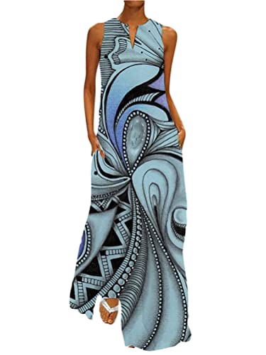 ticticlily Kleid Damen Lang Maxikleid Sommerkleid Elegant Casaul Strandkleid Blumenmuster Kleid Ärmellos V-Ausschnitts Jumpsuitkleid Freizeitkleid Swing Lose Kleider A Hellblau 3XL von ticticlily