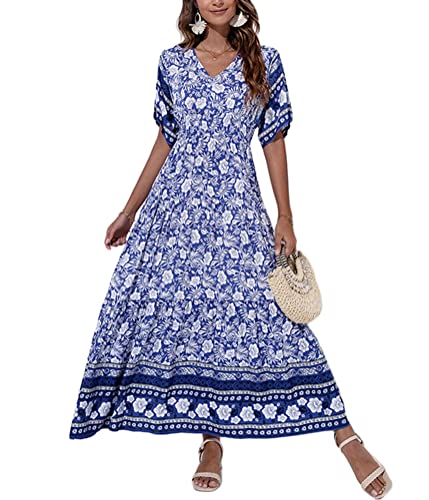 ticticlily Kleid Damen Lang Sommer Elegant Maxi Kleider Kurzarm mit V-Ausschnitt Boho Blumendruck Sommerkleid Lose Swing Kleider Strandkleid Freizeitkleid Rüschenkleid für Damen B Blau S von ticticlily