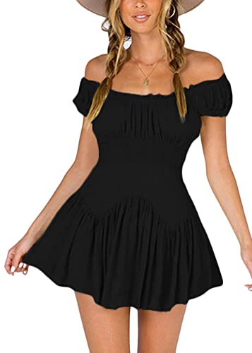 ticticlily Kleid Damen Sommer Minikleid Knielang Kurz Casual Elegant Sexy Sommerkleid Kurzarm Puffärmel A Linien Kleider Strandkleid Langarmkleid Laternen Ärmel mit Bustier Corsage B Schwarz L von ticticlily