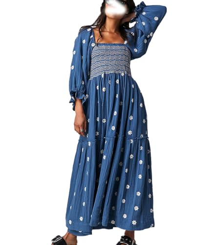 ticticlily Kleid Langarm Damen Lang Midikleid Elegant Boho Blumenkleid Rüschenkleid Langarm Rückenfrei Tunika Kleider Casual Lose Swing Herbstkleid Laternen Ärmel A Dunkelblau S von ticticlily