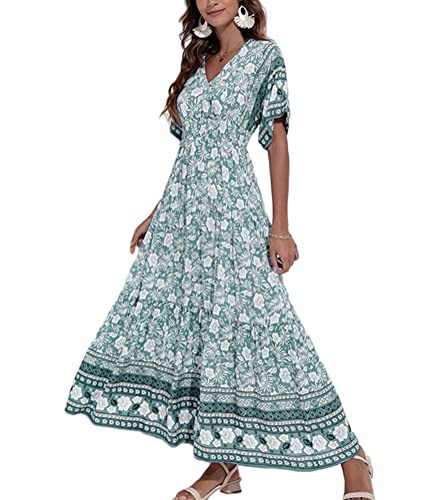 ticticlily Kleid Sommerkleid Damen Lang Boho Sommer Elegant Kurzarm V-Ausschnitt Blumendruck Swing Kleider Freizeit Maxikleider Freizeitkleider Mode Pulli Kleider Große Größen B Grün M von ticticlily